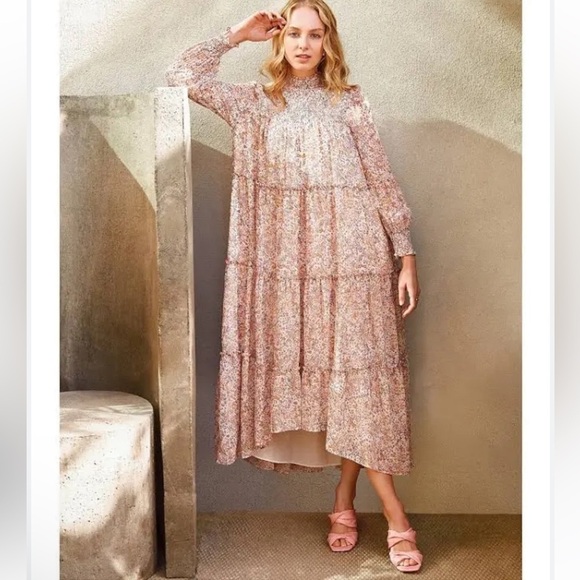 1.STATE Long Sleeve Smocked Neck and Yoke Midi Dress Sweet Blooms Sz M $129 - Picture 1 of 11